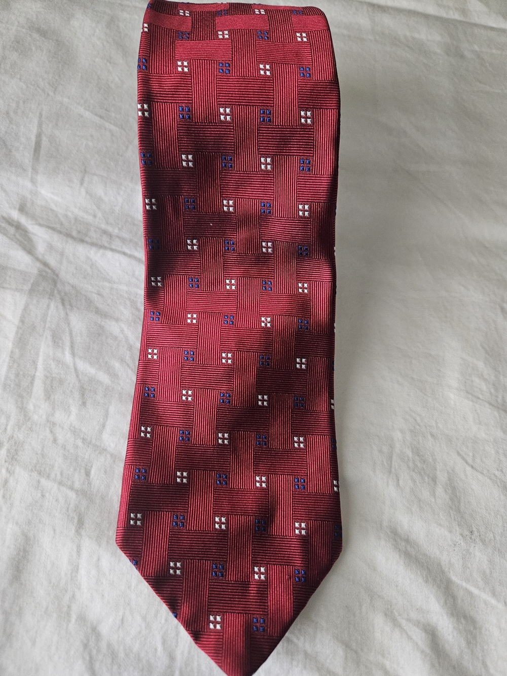 Ralph Lauren Red Geometric Silk Tie with Blue & White Accents